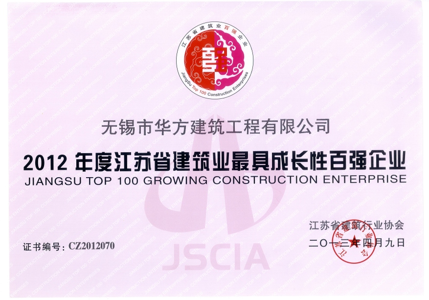2012年度江蘇省建筑業(yè)最具成長性百強企業(yè)
